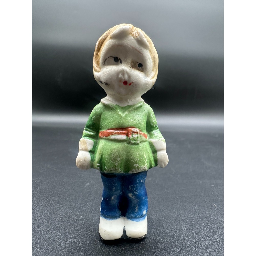Vintage Japan Bisque Boy Figurine Green Tunic Blue Pants Hand Painted Ceramic